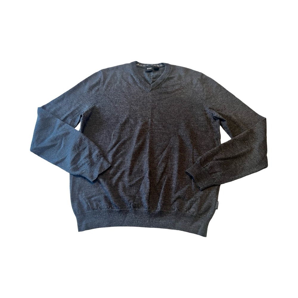 Hugo Boss Mens V-Neck Sweater‎ Charcoal Grey Heather Knit Pullover Size S